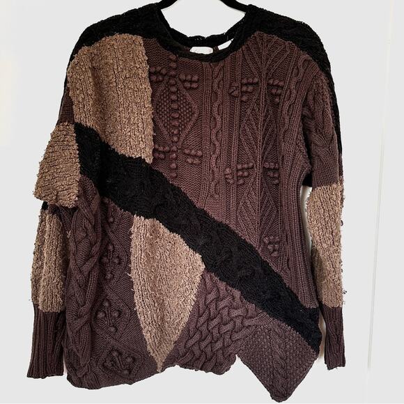 Vintage Patchwork Knit Sweater Brown Black Grunge Textured Uneven Hem sz L/XL - Picture 1 of 10